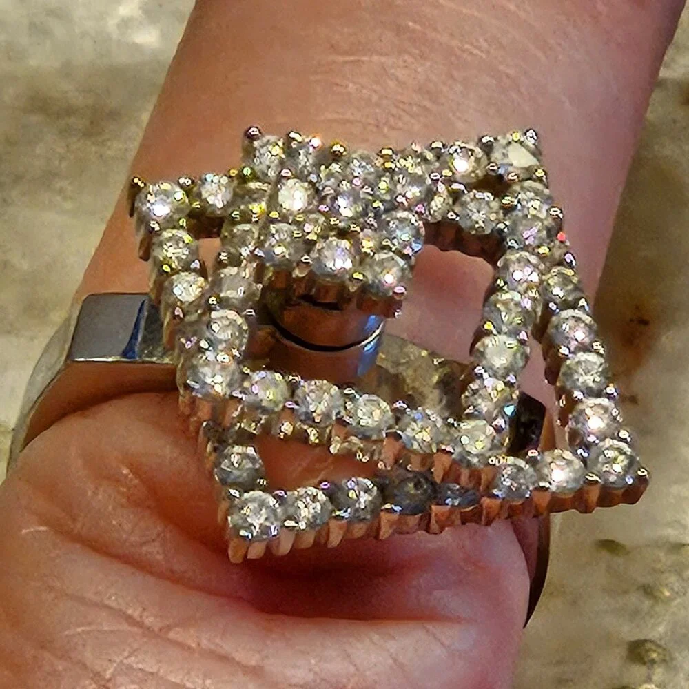 VINTAGE ESTATE TEUFEL SQUARE DIAMOND 14K WHITE GOLD SPINNER SPIN MOTION RING